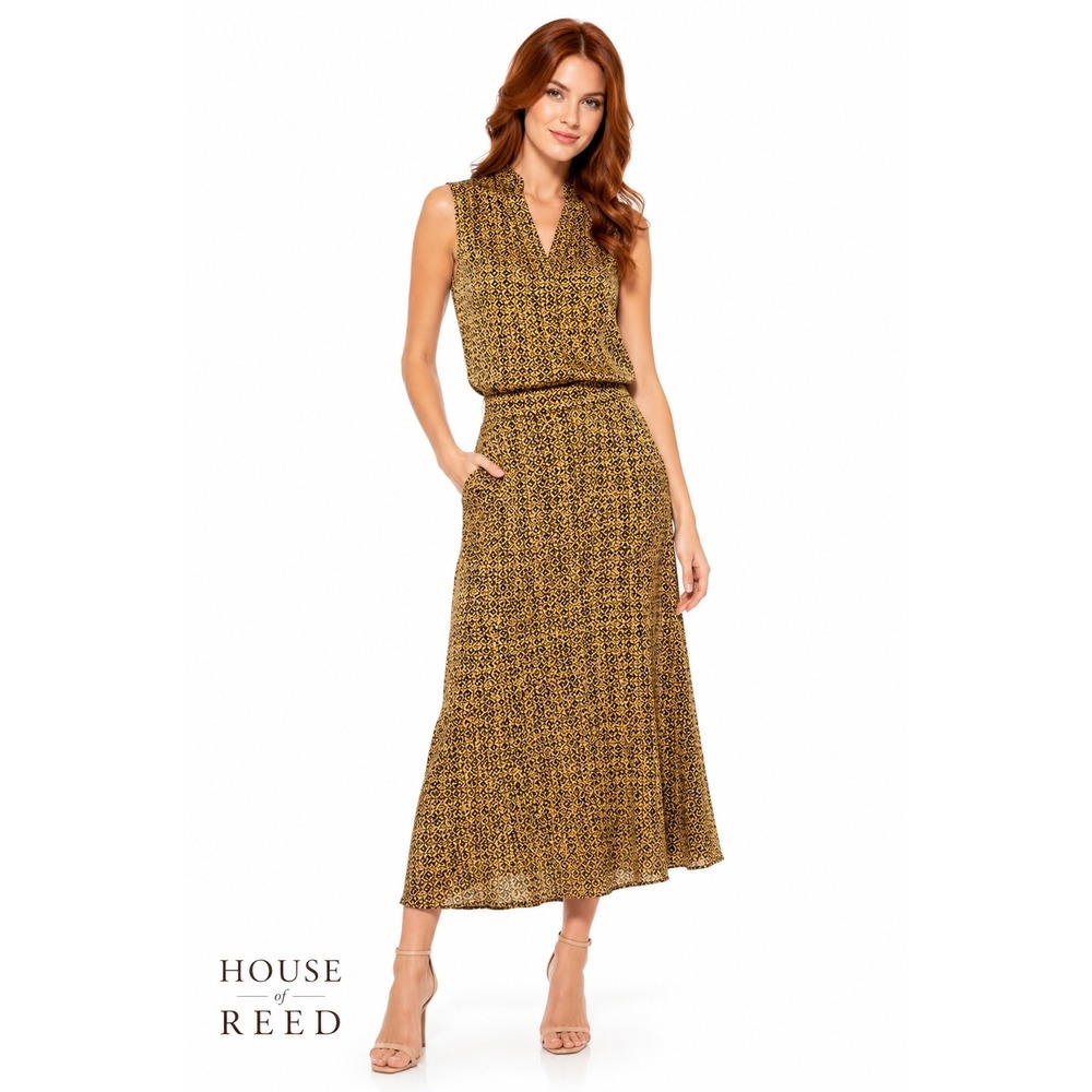 Rena Rowan 100% Silk 2 Piece Set Sleevelessā Blouse Midi Skirt Yellow Black 12